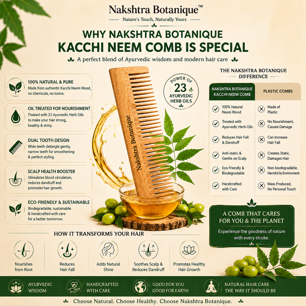 Kacchi Neem Wood Comb | Treated with 23 Ayurvedic Herb Oils 🌿