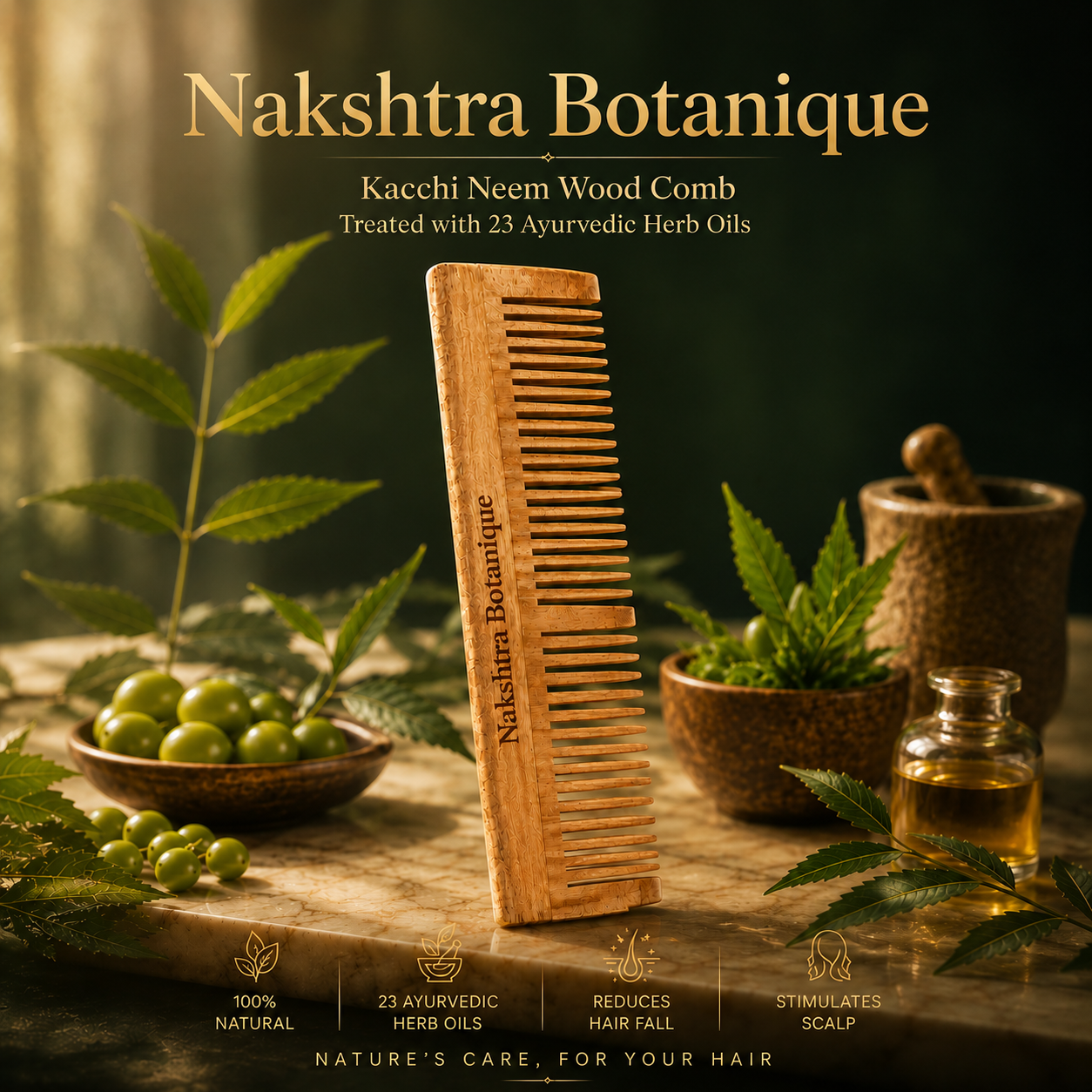 Kacchi Neem Wood Comb | Treated with 23 Ayurvedic Herb Oils 🌿